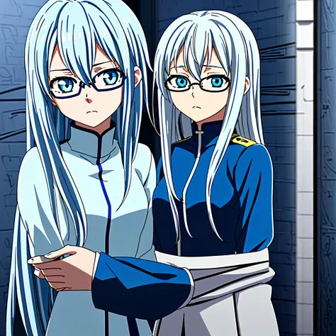 Anime avatar 2D of a 16-year-old girl with short layered white hair with light blue highlights, slightly wavy hair, light blue eyes, with glasses,unifoorme de la UA, estilo boku no hero academy