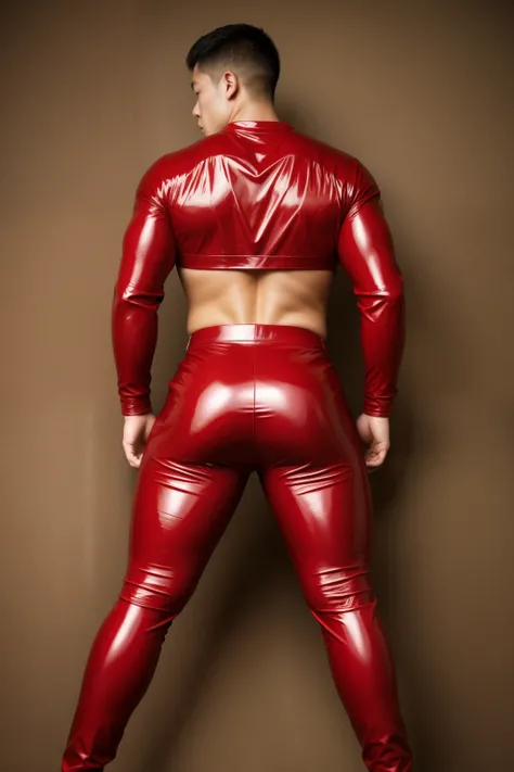 Japan man，man,youth，Best quality, crisp quality, Masterpiece, Highest resolution, Highly detailed, super tight Red latex pants, love heart，wearing no shirt, show his huge butt muscle, Handsome muscular young teenage boy, standing backward, showing his huge...