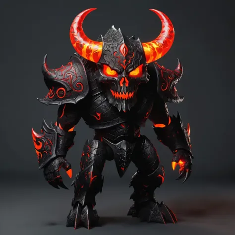 (highres,lava,lava weapon:1.1),red glowing eyes,demonic armor:description,demonic patterns,skull motifs,demonic horns