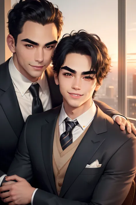 masterpiece, best quality, realistic. 2 man love each other. 1st man (male focus, mature, 1 tall muscular, handsome, [thick eyebrows:0.5], smile, suit, portrait, extremely detailed face, (black hair), (very short hair:1.3, forehead), (suit:1.3). 2nd man (m...