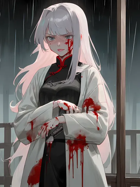 Masterpiece, best quality, night, outdoors, rainy days, branches, Chinese style, ancient China, 1 woman, mature woman, silver white long haired woman, gray blue eyes, light pink lips, cold, serious, weak, bangs, assassins, short knives, white clothes, blac...