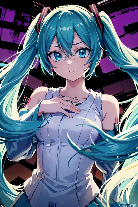 masterpiece,(best quality),(hatsune miku), (high contrast:1.2), (high saturation:1.2), looking at viewer, crime and punishment, ...