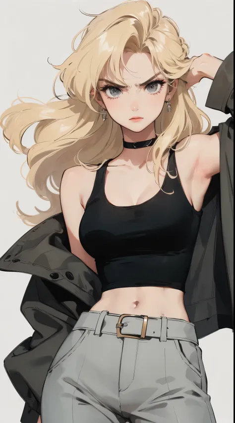 Young woman, blonde, long hair, Grey eyes, black tank top, gray trousers, wide pants, black belt, narcissistic, angry, Anime
