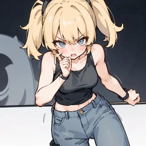 young woman, blonde, black tank top, gray wide leg jeans, narcissistic, angry, anime