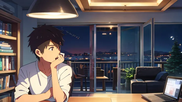 Young man smoking in his room、one person、Night Sky、machine、Bookshelf、makoto shinkai、Overlooking