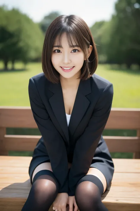 Tabletop, highest quality, shape, Very detailed, finely, High resolution, 8k wallpaper,short hair、 完璧なダイナミックな構shape, Beautiful and beautiful eyes, suit，Natural color lip, smile、18-year-old girl，When wearing black tights or stockings、Plump thighs、Shortcuts