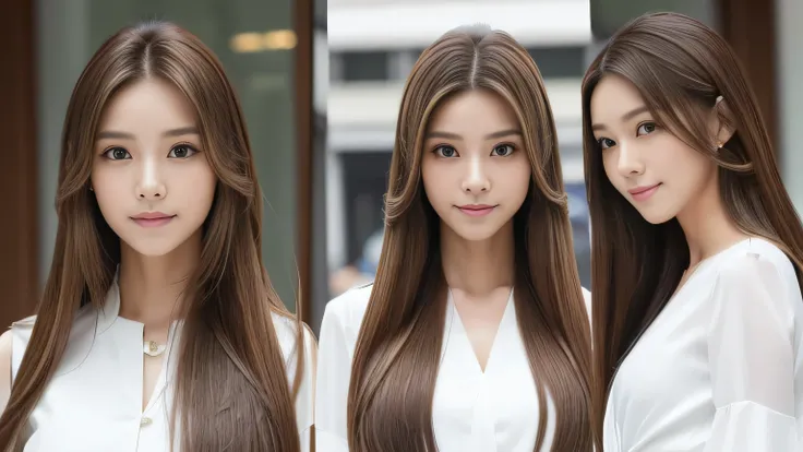 (((Three identical twins standing happily facing each other　A waist-up photo of them standing from the front)))　(3women with length brown hair posing for a picture, thin and shiny hair, Ulzzang, long and straight hair of brown color,, Brown long hair, beau...