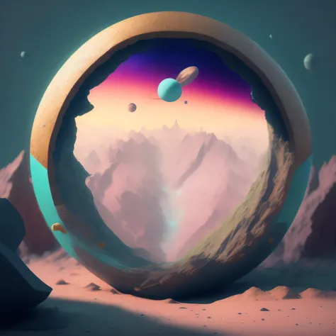 a gem filled flat world, planets, octane render, surreal