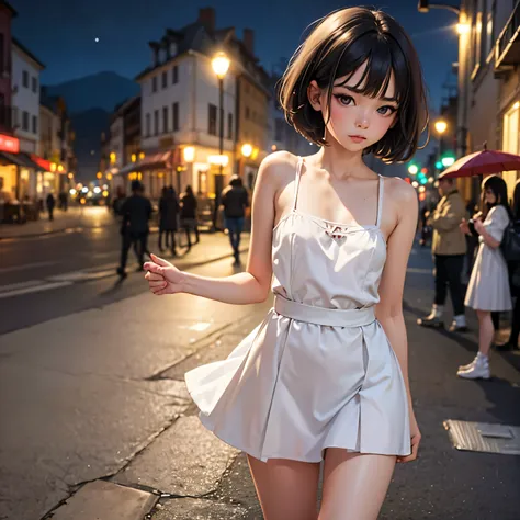 (Half Body Shot,Street lamp,moon),masterpiece, One girl, Solo Exhibitions, Beautiful small breasted woman on a busy street, Surrounded by peddlers, Beautiful Goddess Girl Portrait, Beautiful and elaborate face, Porcelain-like skin, (((Bust Shot, center, ni...