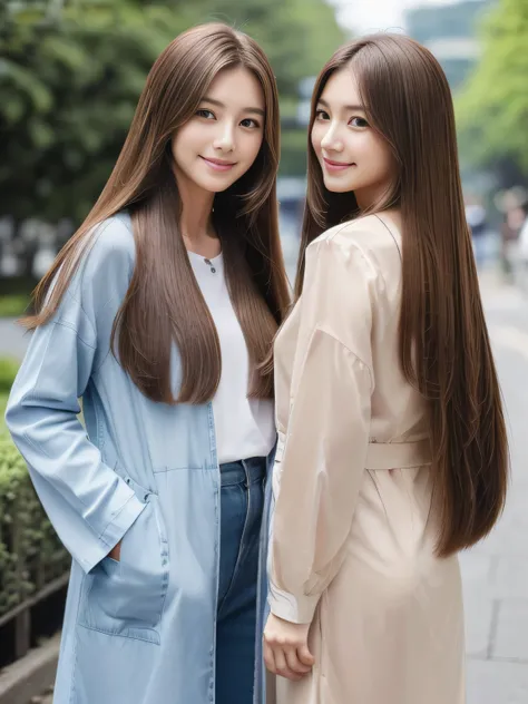 (((Identical twins standing happily facing each other　Standing photo from the front)))　(two women with length brown hair posing for a picture, thin and shiny hair, Ulzzang, long and straight hair of brown color,, Brown long hair, beautifulgemini portrait, ...