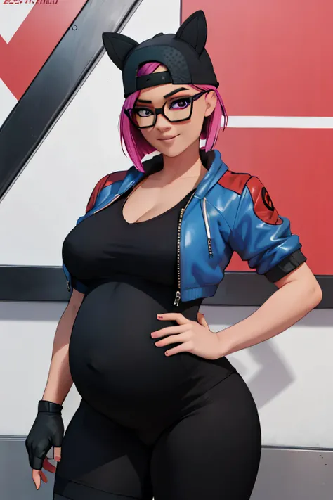 (masterpiece), (best quality), standing, (solo), looking at viewer, high detailed,extremely detailed, fine eyes, pregnant, smile,dynamic pose, short pink hair,cap,loose black v neck t shirt, jacket,fingerless glove,curvy,glasses,(gray leggings),(portrait:1...