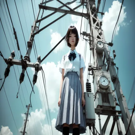 A woman stands in front of the clock on the pillar, Realistic、Fujifilm Mix, seifuku, High voltage lines、Transmission lines、 cinematic outfit photo, Japanese , japanese girl , girl,