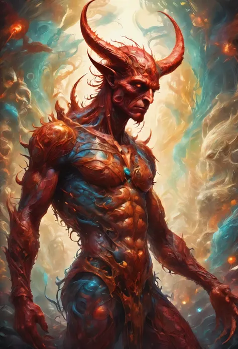 devil,upper body,modern and mystical encounter, vibrant colors, intricate details. very detailed, dynamic pose, complex motifs, ...