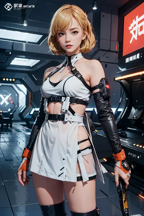 the alone young girl , short light blond hair , vermilion eyes , standing , shotgun , sci-fi city , high detail mature face, com...