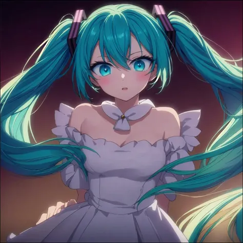 anime girl with blue hair and blue eyes in a white dress, portrait of hatsune miku, hatsune miku portrait, miku, hatsune miku, anime moe artstyle, mikudayo, anime style 4 k, anime style. 8k, 4k anime wallpaper, hatsune miku face, anime girl with teal hair,...