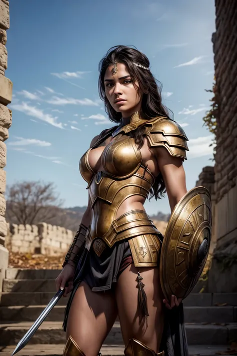 RAW, Best quality, high resolution, Masterpiece: 1.3), Beautiful Spartan Woman, Masterpiece, Defiant expression, Realistic, 1woman, chiseled features, toned body, armor, spear, helmet, shield, Spartan warrior, ancient Greece, battle scene, heroic pose, sun...