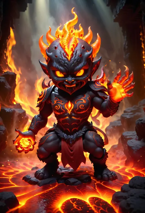 (best quality,4k,highres,ultra-detailed:1.2),lava baby demon under spotlight, xianxia theme, light and shadow magic, lava hall, demonic aura, fiery atmosphere, intense heat, glowing eyes, intricate lava textures, swirling flames, expressive facial features...