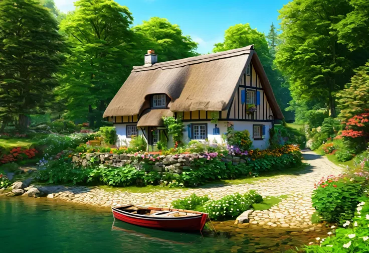 a painting of a Cottage with a boat in the water, Digital rendering by Arthur Pang, Pixabay Contest Winner, Digital Art, idyllic Cottage, Cottages, flowery Cottage, Cottagecore!!, Cottagecore, Cottage town, Cottage in the forest, Cottage, Cottage in the wo...