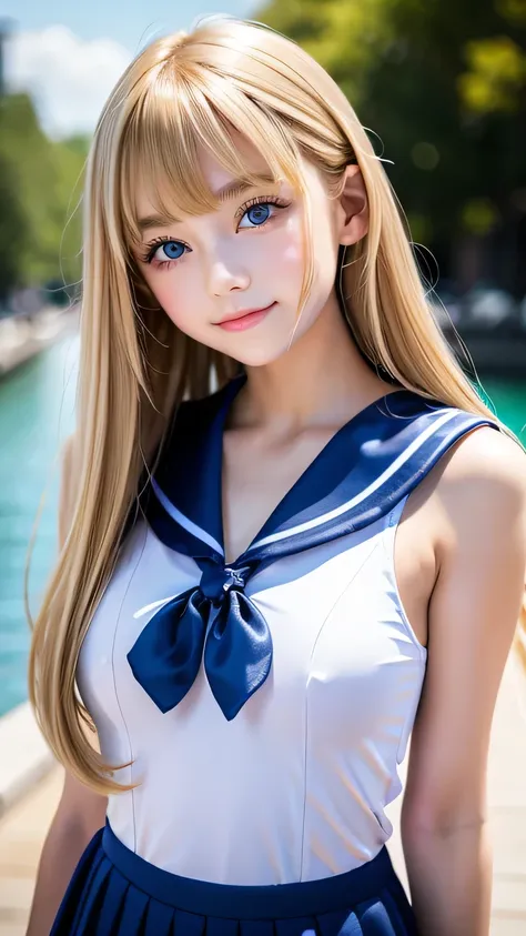 sexy 17 year old with dazzling shiny blonde hair、sailor suit、the cutest little beautiful face in the world、sparkling bangs danci...