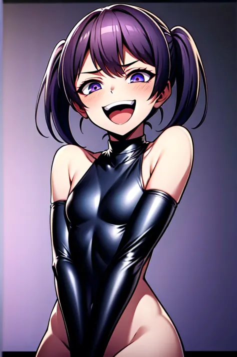 Best picture quality, 4K, 8K, High resolution, Masterpiece: 1.2), ultra detailed,,black and dark aura background,masterpiece, highest quality,best quakity, High resolution,,twintail,flat chest,sheded face,latex,elbow gloves,evil smile,sadistic,evil laugh,s...