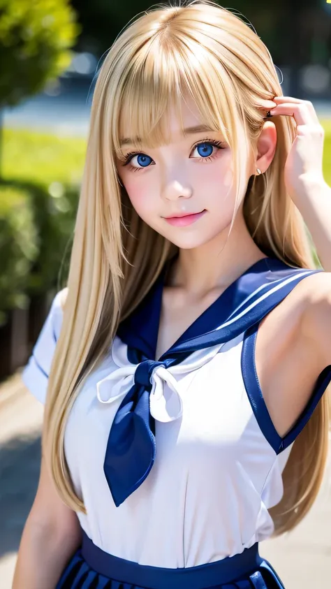 sexy 17 year old with dazzling shiny blonde hair、sailor suit、the cutest little beautiful face in the world、sparkling bangs danci...