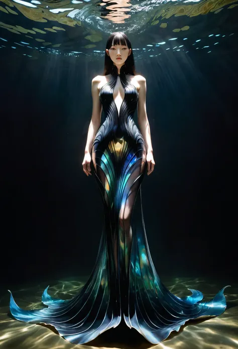 Aisian beautiful girl from underwater, iris van Herpen, sleek, fins, gills, darkness, iridescent, full length view，Xill