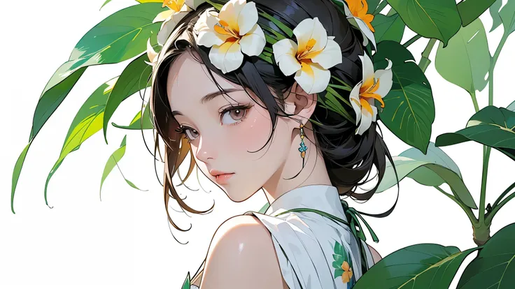 (highest quality、masterpiece、High resolution)、4K Anime Art、((Background Art))、(((Only tropical flowers and plants are drawn)))、(Blank Background)、((White Background))、