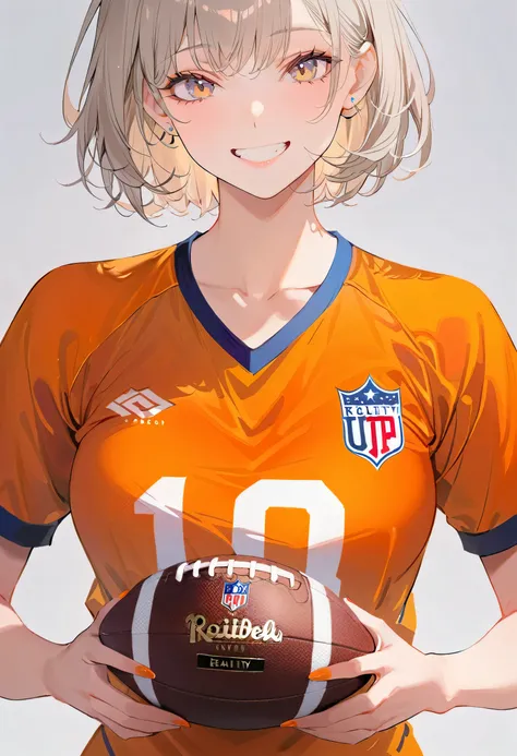 (Gray background:1.5, Close shot:1), (Reality:1.4), (best quality:1.0), (Ultra-high resolution:1.0), 8k, original photo, (masterpiece:0.2), 1 Girl, beautiful skin, Delicate skin, A bright smile, teeth, (short hair:1), (Football Jersey:1.2)