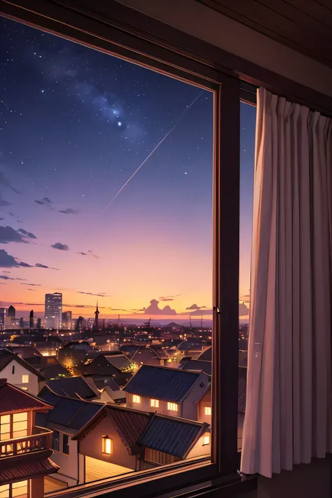 Steven universe environement, houses, cozy town, cityscape, Garnet visible in distance, beautful night sunset sky, view from a bedroom window