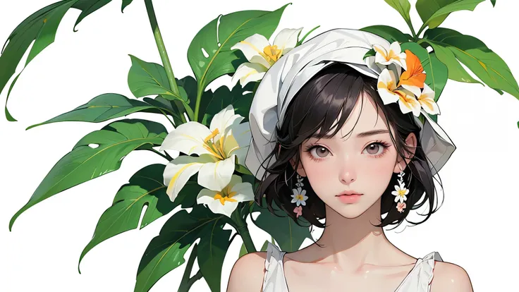 (highest quality、masterpiece、High resolution)、4K Anime Art、((Background Art))、(((Only tropical flowers and plants are drawn)))、(Blank Background)、((White Background))、