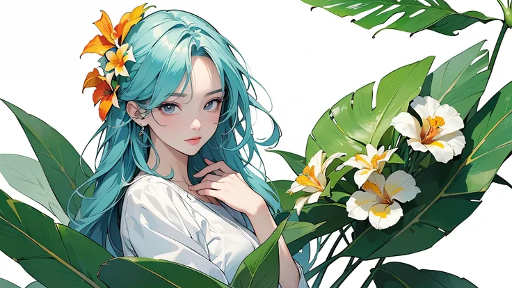 (highest quality、masterpiece、High resolution)、4K Anime Art、((Background Art))、(((Only tropical flowers and plants are drawn)))、(Blank Background)、((White Background))、