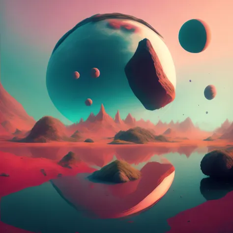 a gem filled flat world, planets, octane render, surreal