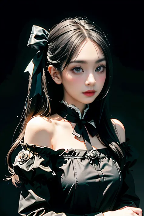 ((masterpiece, best quality)),best aesthetic,1girl, solo, long hair, black dress, flower, ribbon, black background, black hair, rose, hair ribbon, green eyes, long sleeves, white rose, closed mouth, black ribbon, upper body, cinematic lighting