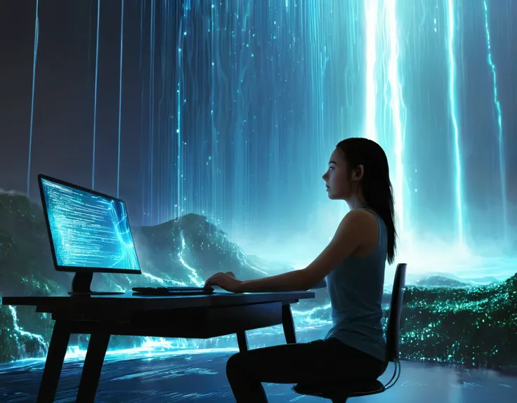 A scene depicting a girl seated at a desk, with digital code cascading around her like a waterfall. The background slowly transitions from a typical room to a futuristic, cybernetic space. Created Using: digital transition effects, mixed reality theme, glo...