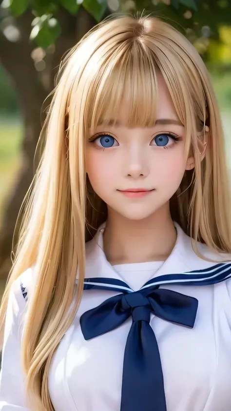 Sexy 17 year old with dazzling shiny blonde hair、School Sailor Uniform、The cutest little beautiful face in the world、Sparkling bangs dancing in front of her pretty face、Long, silky bangs that cover the eyes、Large, clear, bright blue eyes、Hair above the eye...