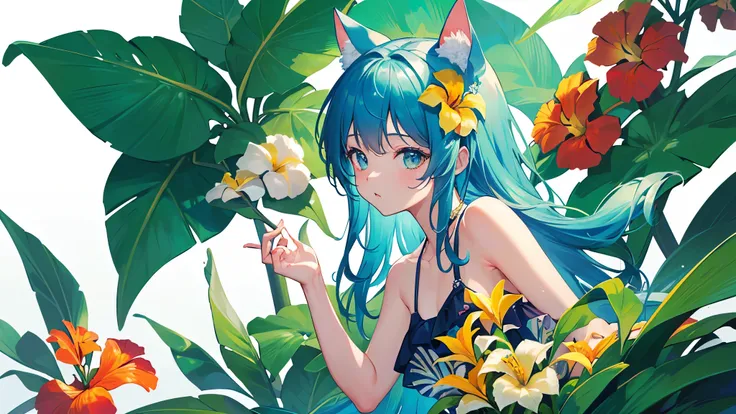 (highest quality、masterpiece、High resolution)、4K Anime Art、((Background Art))、(((Only tropical flowers and plants are drawn)))、(Beautiful swimsuit woman、Cat ear)、(Blank Background)、((White Background))、