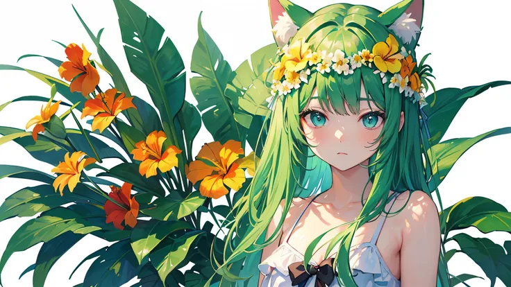 (highest quality、masterpiece、High resolution)、4K Anime Art、((Background Art))、((Only tropical flowers and plants are drawn))、(Beautiful swimsuit woman、Cat ear)、(Blank Background)、((White Background))、