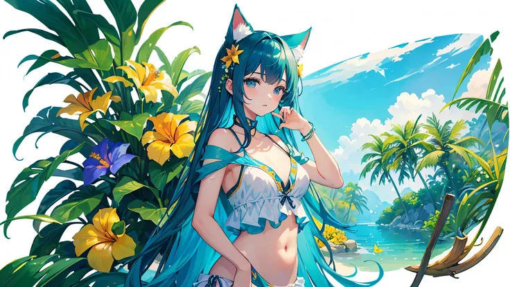 (highest quality、masterpiece、High resolution)、4K Anime Art、((Background Art))、((Only tropical flowers and plants are drawn))、(Beautiful swimsuit woman、Cat ear)、(Blank Background)、((White Background))、