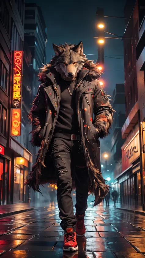 (better detailing, high quality), furry wolf, walking through the city, (night, bright lights, urban environment), (dynamic fram...