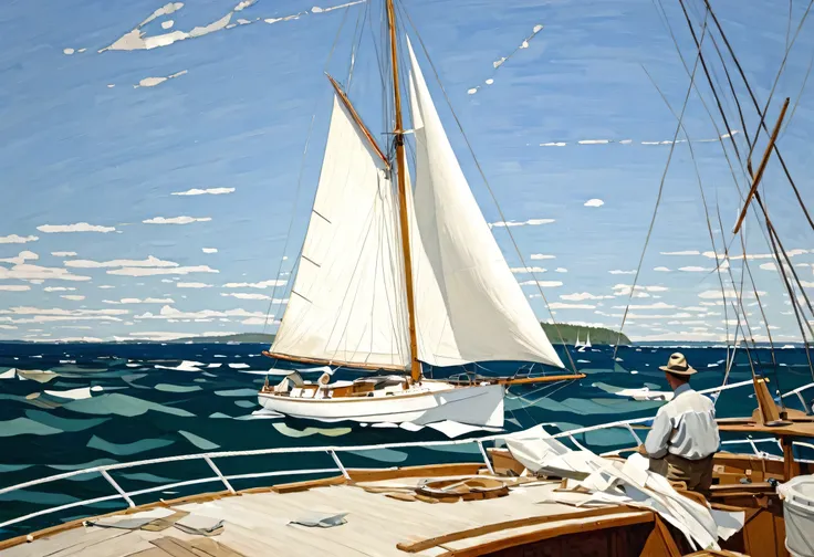 painting of a Yacht in the water with a man on the deck, Yacht, wooden Yachts, sailboat, sailboat, Yachts, Inspired by A.. J. Casson, Inspired by Tom Thomson, Torn sails, Inspired by Winslow Homer, Yachts in the water, hes on an old sailboat, Wooden shipbu...