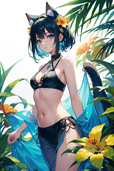 (highest quality、masterpiece、High resolution)、4K Anime Art、(Background Art)、(Drawing tropical flowers and plants)、Beautiful swimsuit woman、Cat ear、(Blank Background)、((White Background))、