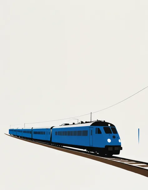 illustration, a train traversing along a railway track and just past a level crossing, single Klein blue and white, white background, Jon Klassen. minimalist Journey