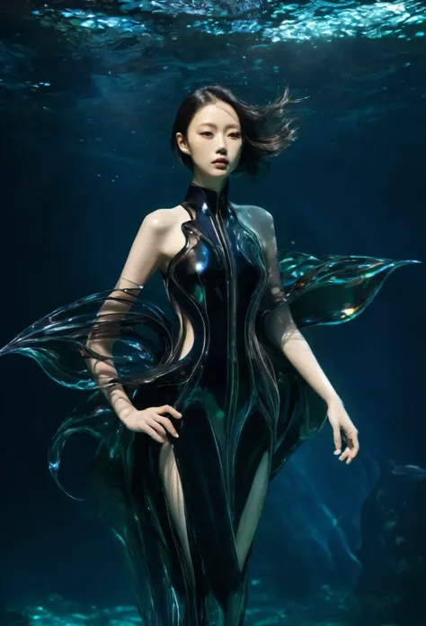 Aisian beautiful girl from underwater, iris van Herpen, sleek, fins, gills, darkness, iridescent, full length view，Xill