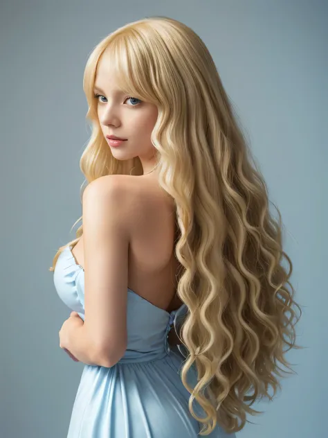 (Pure white wall background:1.8. Upper body photo from the knees up)　((Random poses showing off as much of her dress, back and hair as possible:1.5))　((Beautiful model with long blonde hair, girl with super length Hair, extremely length Hair, extra length ...