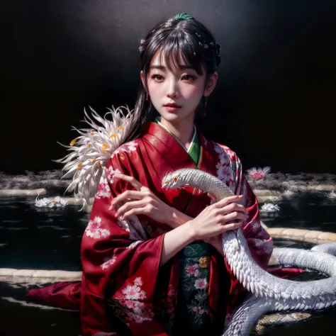 A woman in a kimono is holding a white feathered snake, chie yoshii, inspired by Kanō Naizen, Jinnah Chan, by Kanō Naizen, Kano Tanyou, by Torii Kiyomoto, takato yomamoto. 4k yen, Japonism 3d 8k ultra detailed