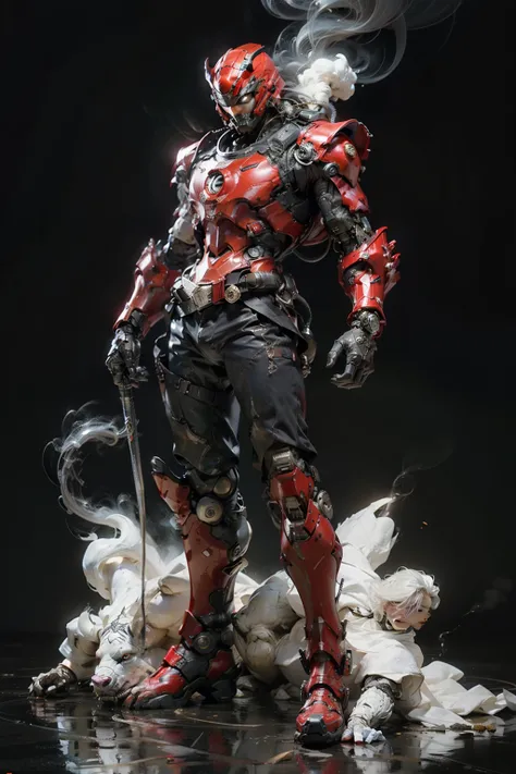 realistic, cyborg police force,inspired by Allomyrina dichotoma, , futuristic helmet with japanese rhino beetle bettle horn,transparent, luminescent red, red metallic armor,stripe black, full body armor text "police",white round shoulder shield, text "poli...