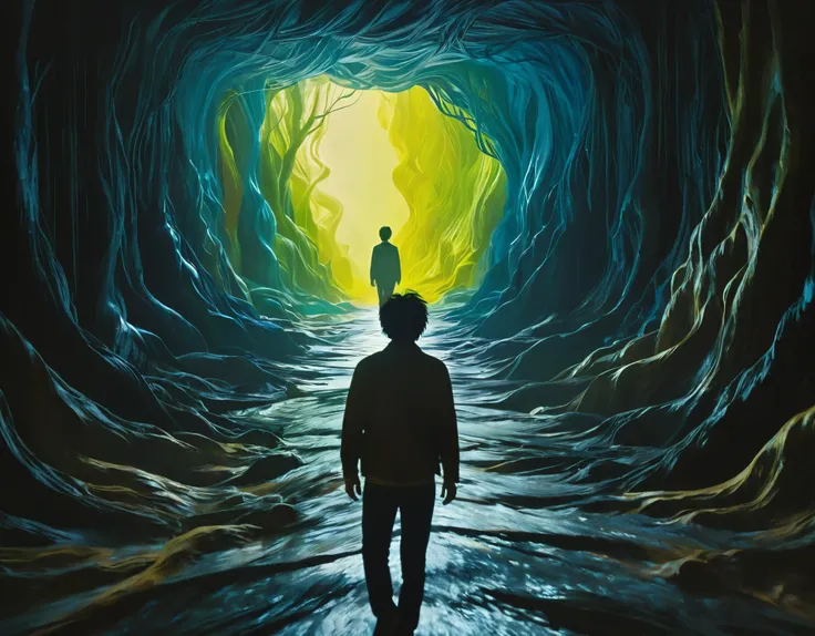 A cinematic still of David, a 30-year-old Asian man with shaggy hair, navigating a surrealistic landscape that shifts around him, with each element representing his emotional and psychological struggles. The environment combines fantastical and horrific el...