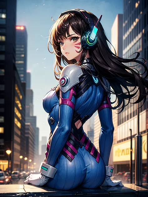 aahana, long hair, brown hair, headphones, whisker markings, shoulder pads, blue bodysuit, ribbed bodysuit, animal print, clothes writing, long sleeves, white gloves,
looking back, cyberpunk, city, 
masterpiece, best quality, highly detailed