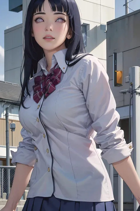 masterpiece, hinata(boruto), 1girl, solo, young female, ((((high school uniform)))), (high School), outdoors, looking at viewer, cloudy sky, perfect composition, detailed lips, school building, big breast, beautiful face, body propotion, blush, (pink lips)...