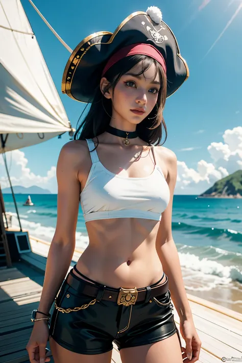 female cat furry, fantasy medieval pirate, saber in a hand, bandana, pirate hat, cocked hat, on a ship, sails, ocean and sky on background, only character, correct female anatomy, beautiful woman anthro, cat head, furry art by greg rutkowski, digital art b...